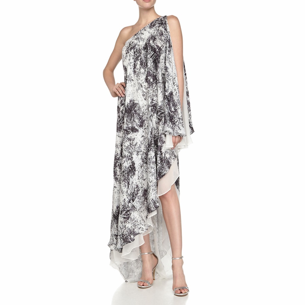 Halston Heritage Silk One Shoulder Cascade Gown Black Ocean Spray Print